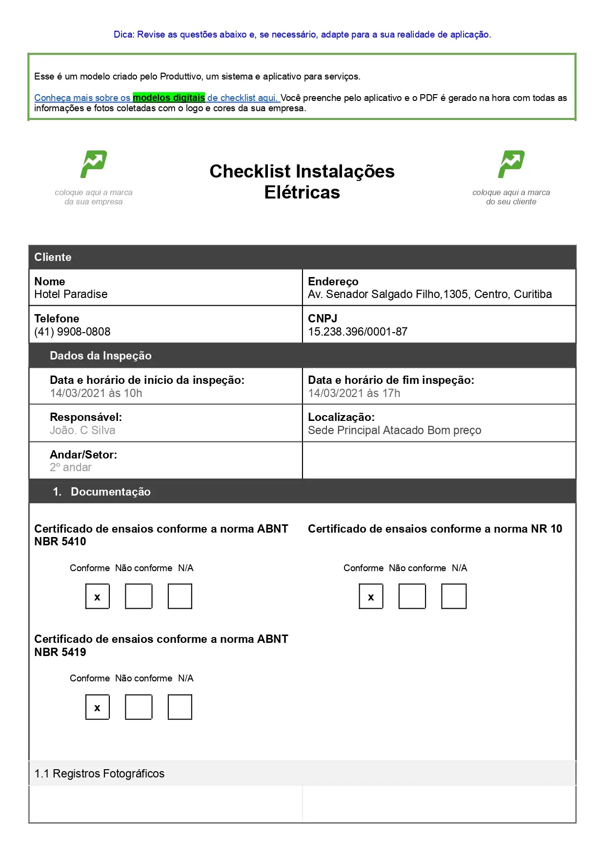 Exemplo de relatório técnico de inspeção das instalações elétricas para baixar gratuitamente. Relatório com questões de não conformidade, espaço para registros fotográficos e anotação. Pode ser personalizado, página 01