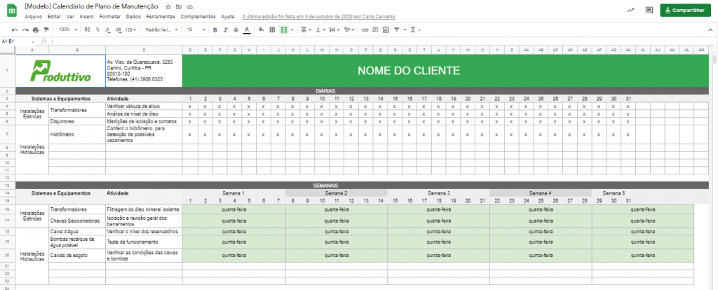 Plano de Manutenção Modelo em Excel