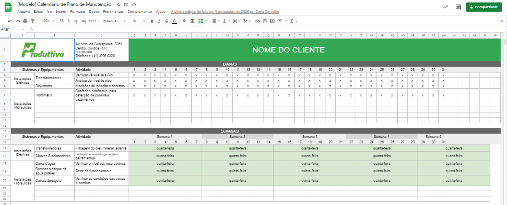 Exemplo de plano de inspeção em excel