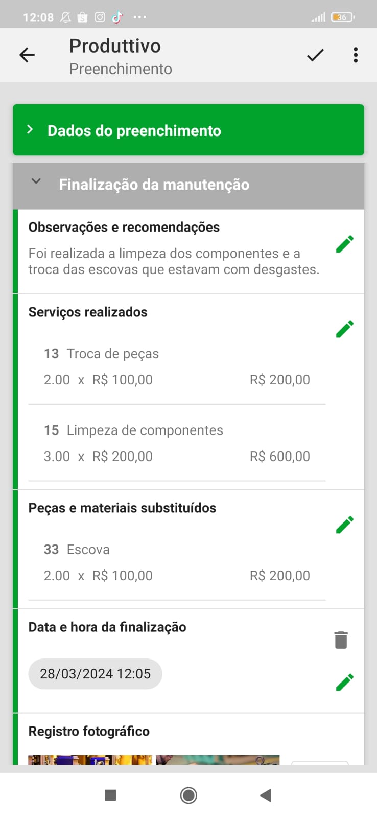 Exemplo de como funciona o preenchimento de checklists no aplicativo do Produttivo 02