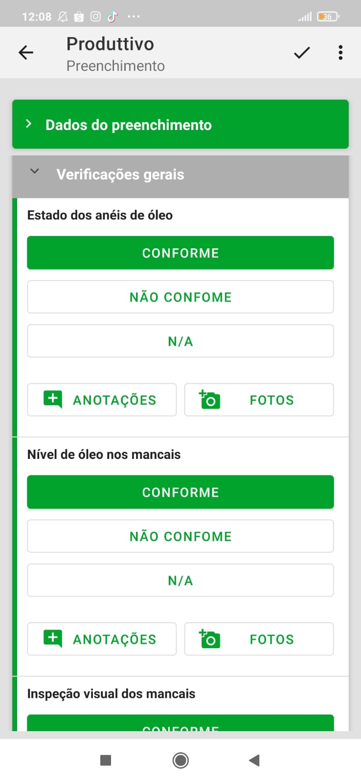 Exemplo de como funciona o preenchimento de checklists no aplicativo do Produttivo