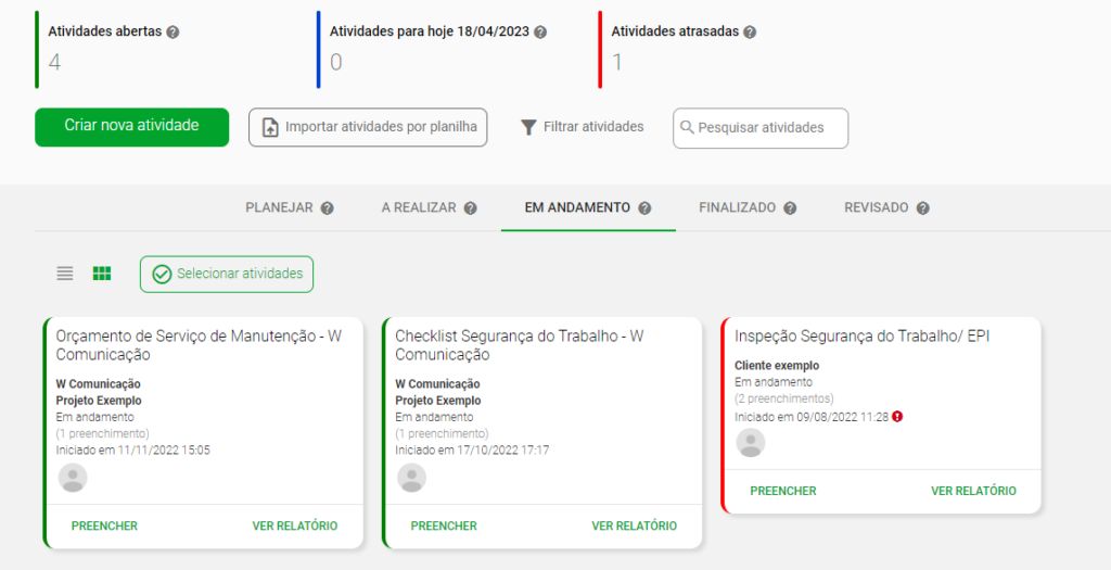 Exemplo de como funciona o painel de atividades do Produttivo