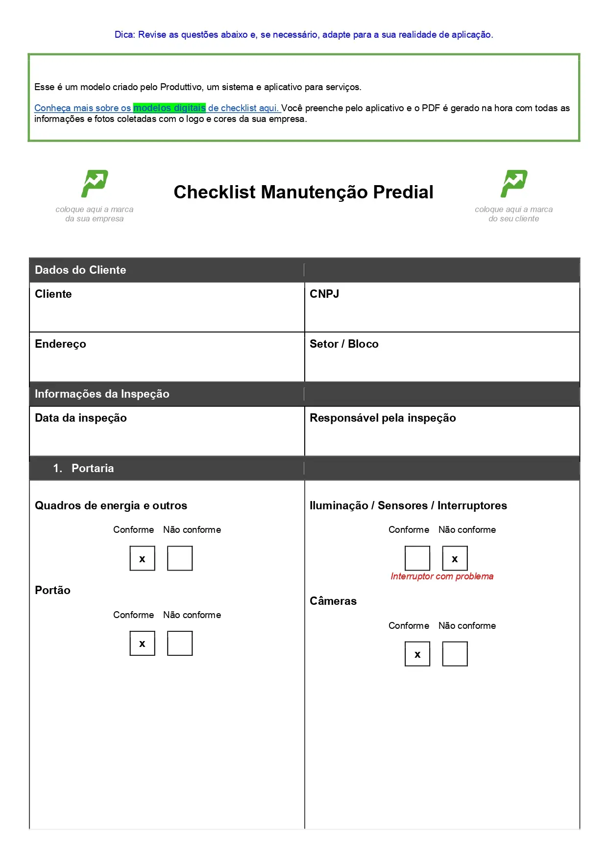 Modelo de checklist de manutenção predial para baixar gratuitamente página 01