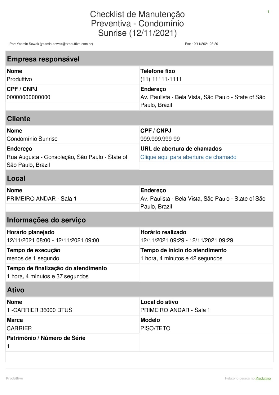 Modelo de relatório de checklist de manutenção preventiva gerado no Produttivo página 01