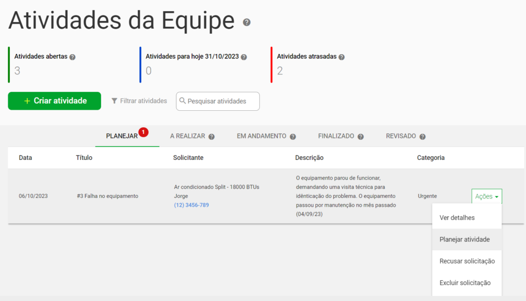 Exemplo de como funciona o encaminhamento da demanda ao responsável técnico no sistema de chamados do Produttivo