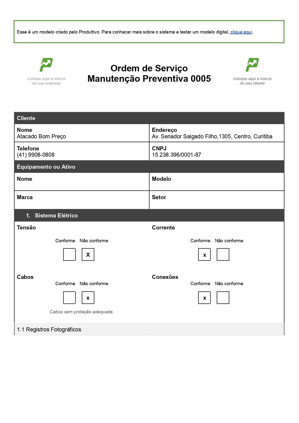 Ordem de serviço de manutenção preventiva Word modelo pronto para baixar de graça, página 01