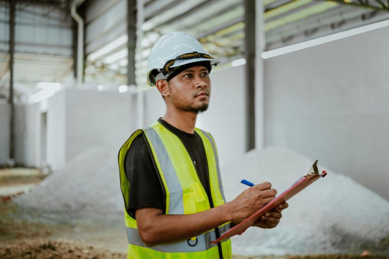 profissional realizando inspeção técnica em ambiente industrial