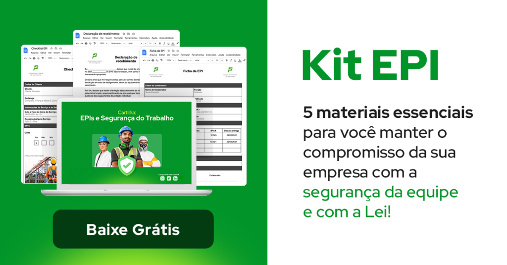 Banner convidando a acessar o Kit Epi, contendo uma imagem dos materiais ofertados, como cartilha e checklist de EPI, e a inscrição "5 materiais essenciais para você manter o compromisso da sua empresa com a segurança da equipe e com a lei"