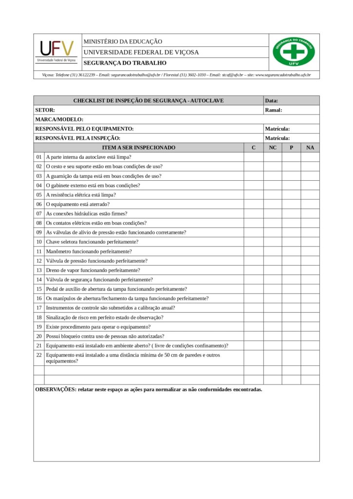 check list de segurança em autoclave 