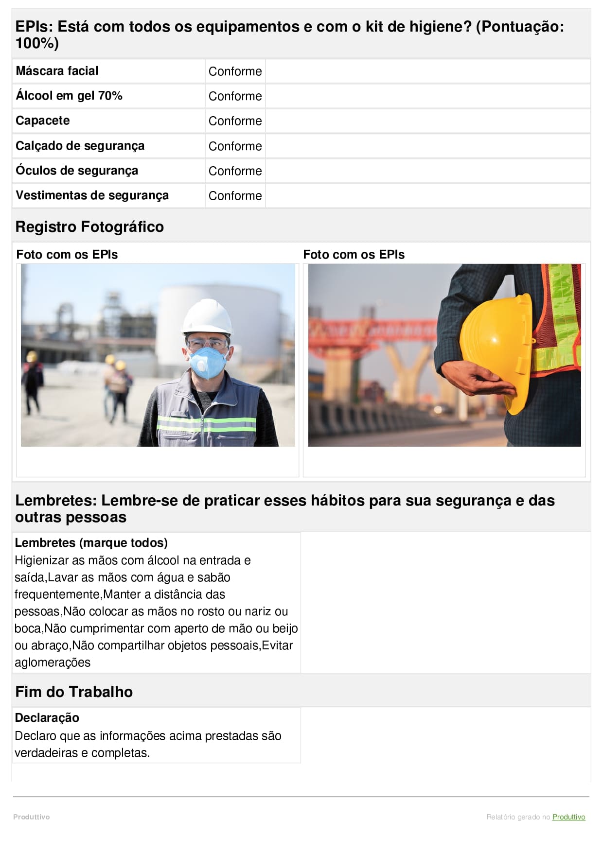 Modelo de checklist de segurança do trabalho digital, gerado no Produttivo página 02 