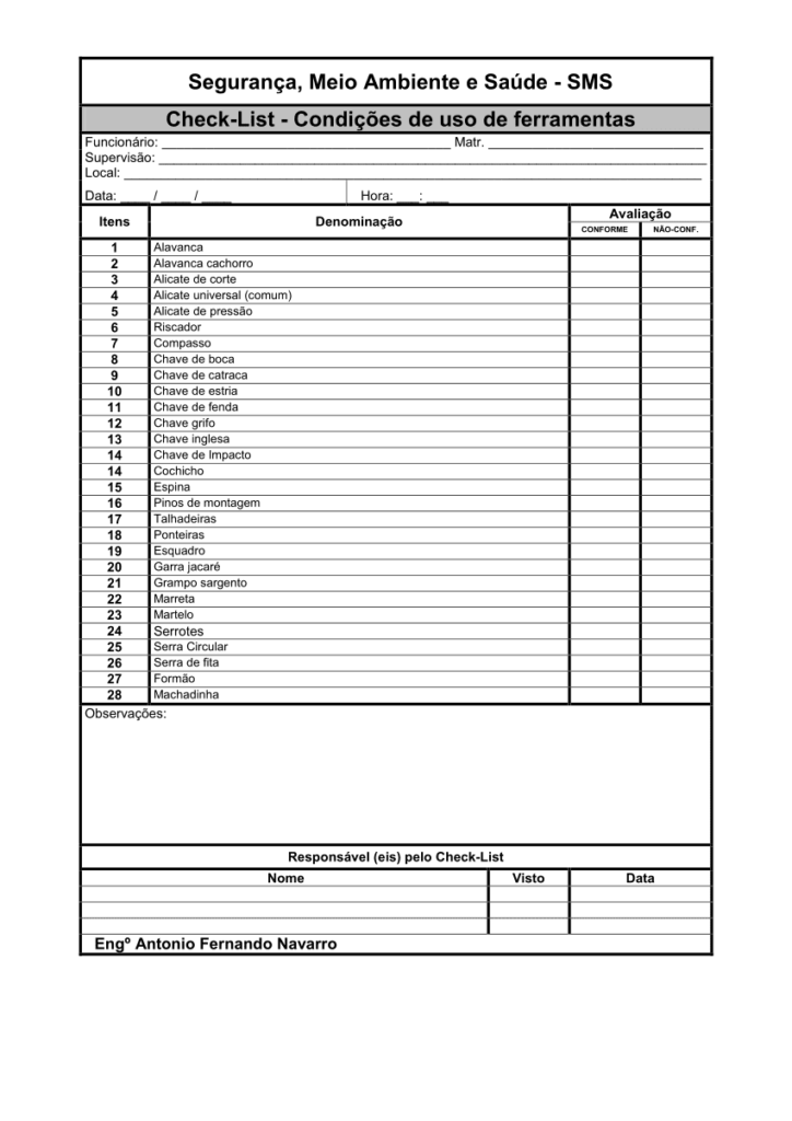 exemplo de checklist ferramentas e equipamentos 