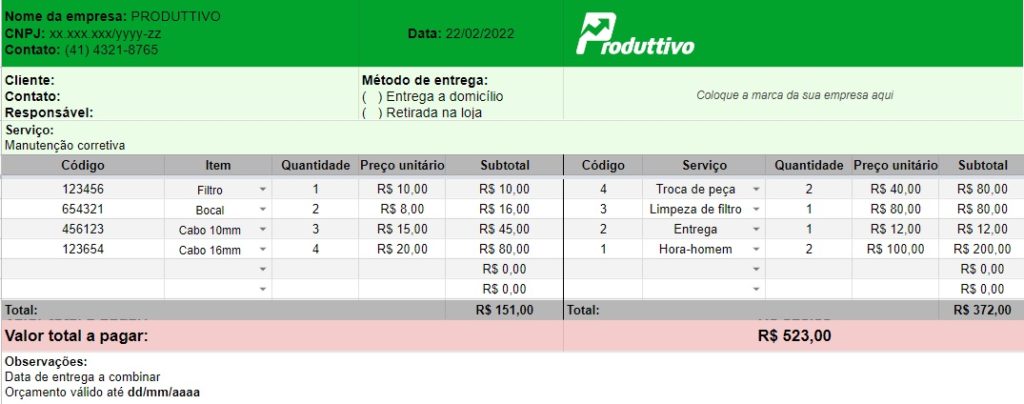 planilha orçamento de serviço