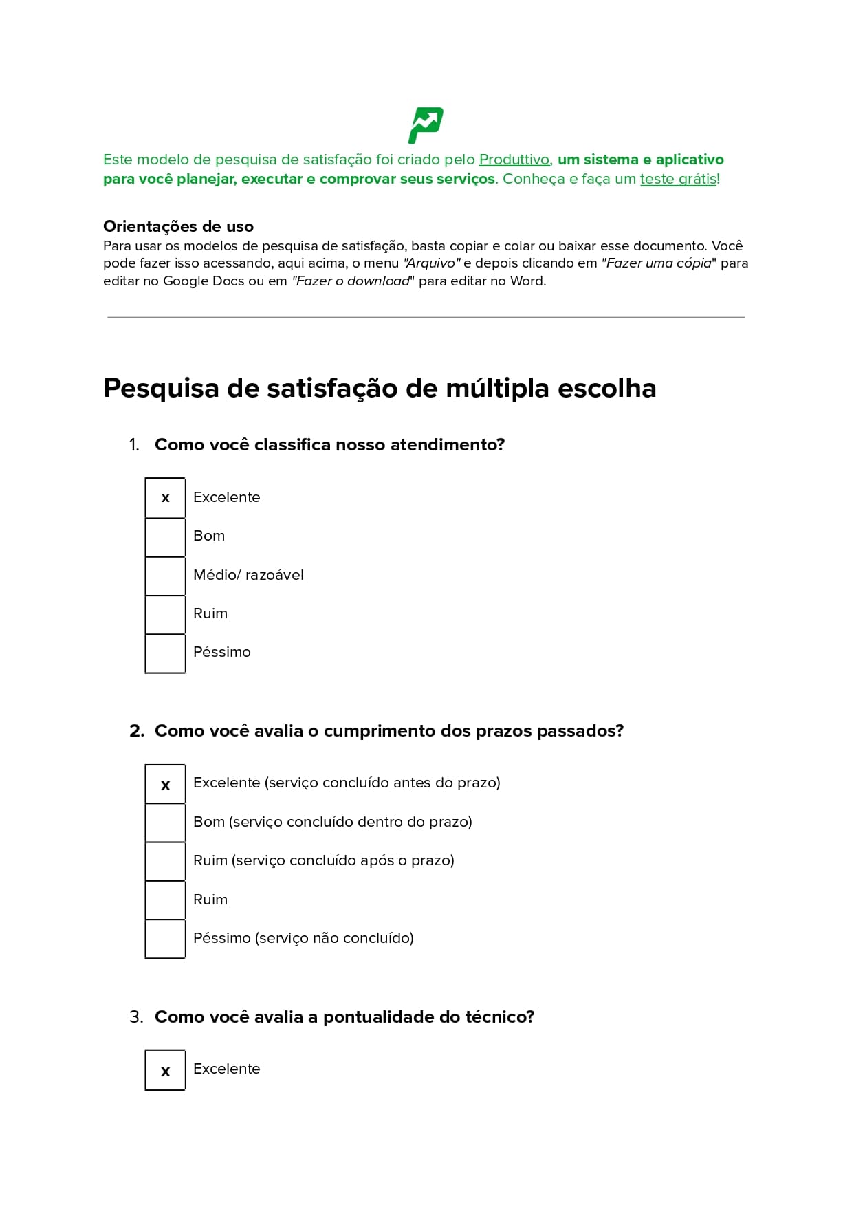 Questionário pronto com 10 perguntas sobre atendimento ao cliente