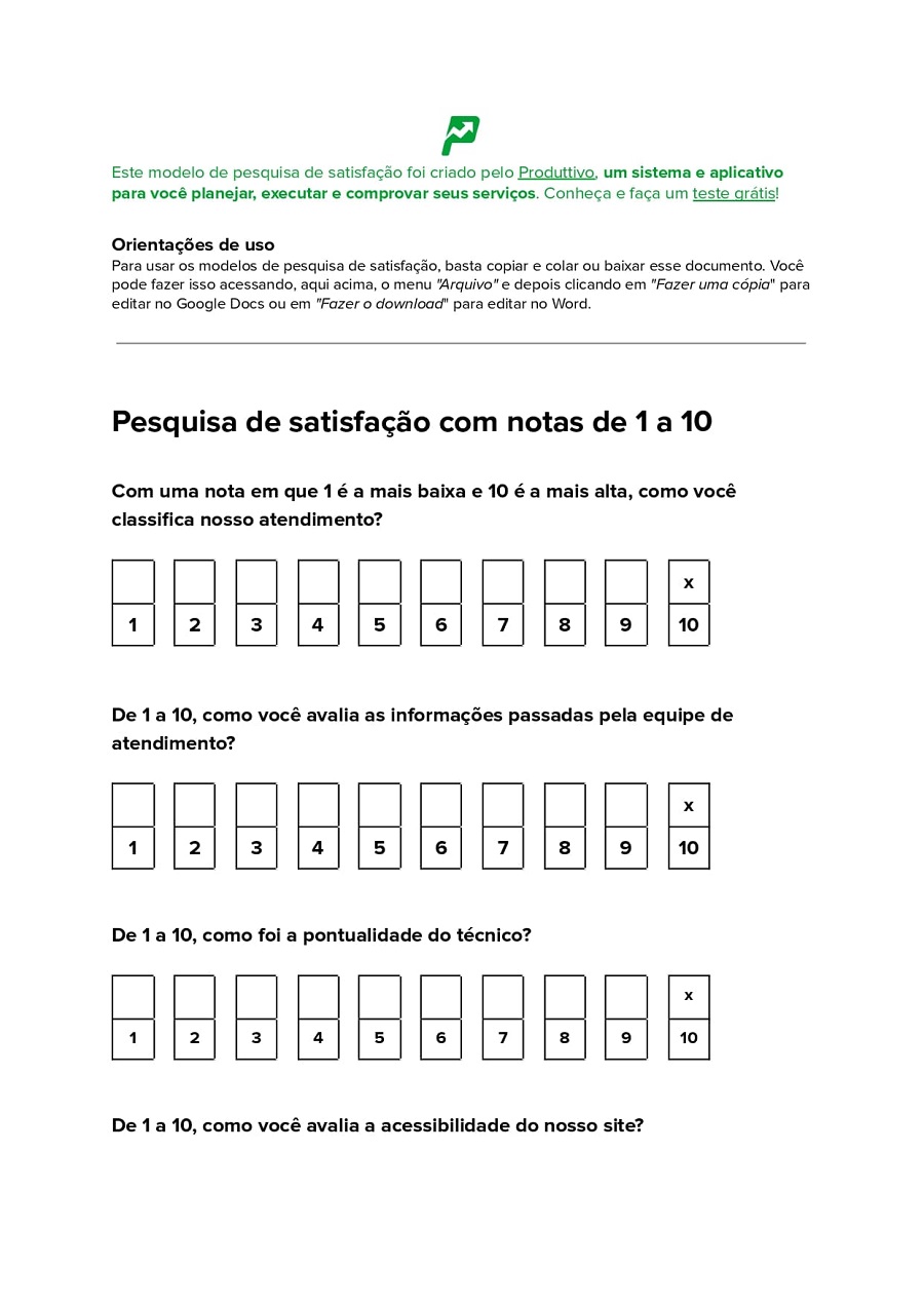 Questionário pronto com 10 perguntas sobre atendimento ao cliente