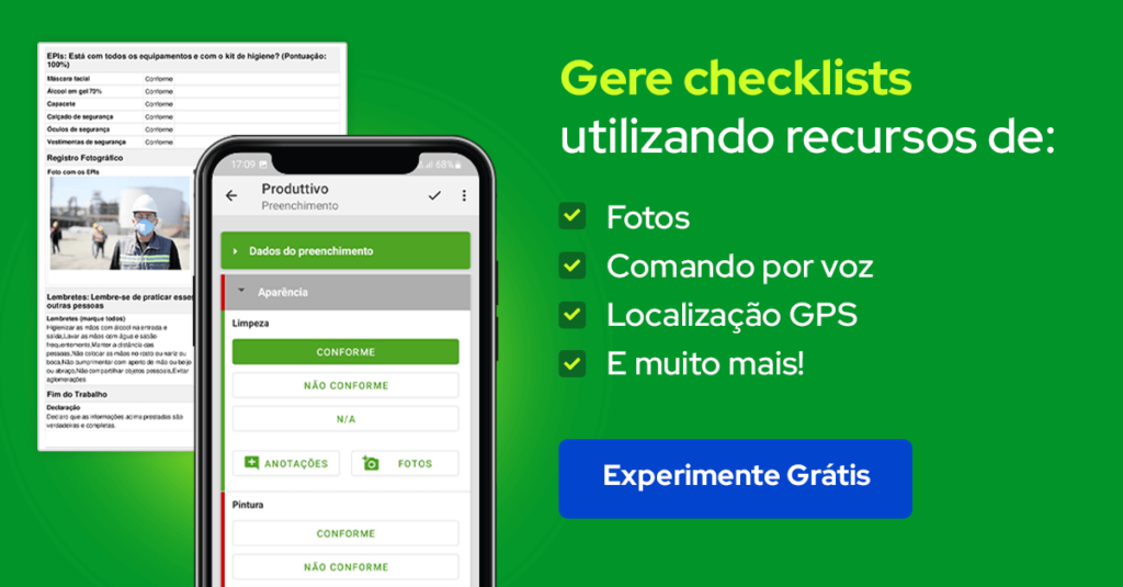 demonstração dos recursos disponíveis no aplicativo de checklist do Produttivo 