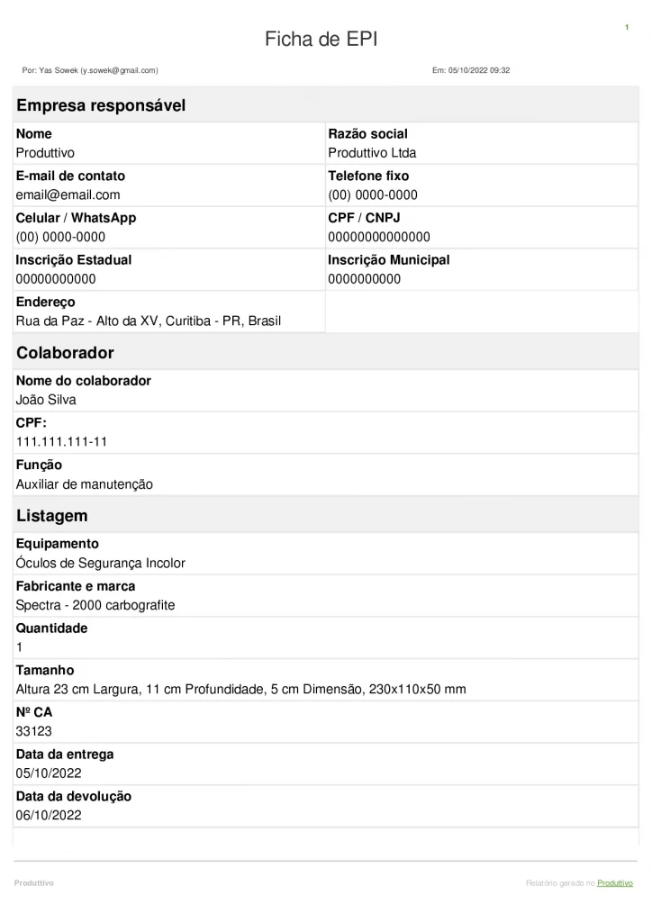 Exemplo de modelo de ficha de EPI digital 