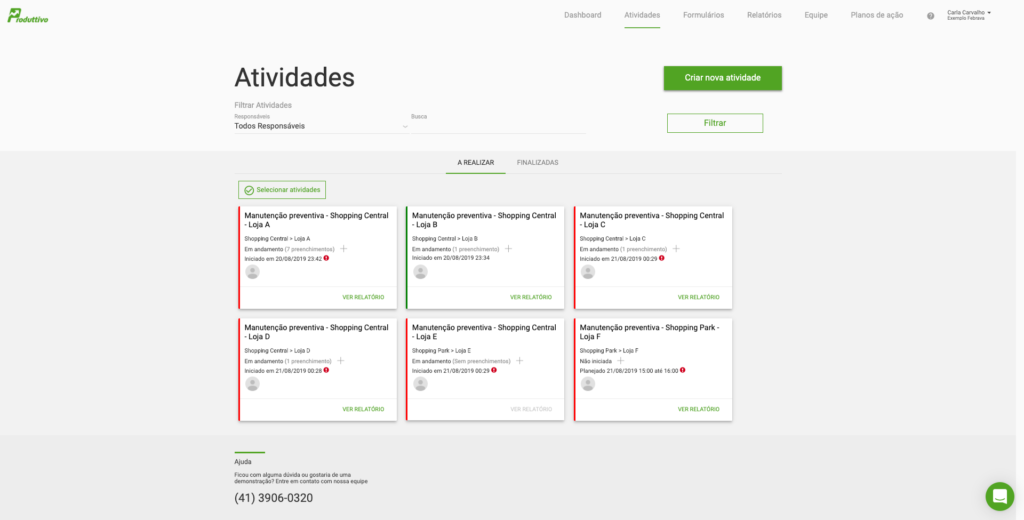 Painel de agendamento de paisagens do Produttivo 