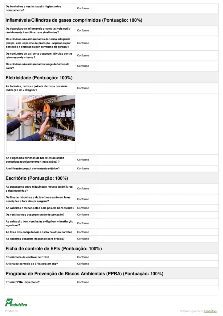 Exemplo de Checklist Segurança do Trabalho digital com questões de conformidade e imagens de comprovação, página 03