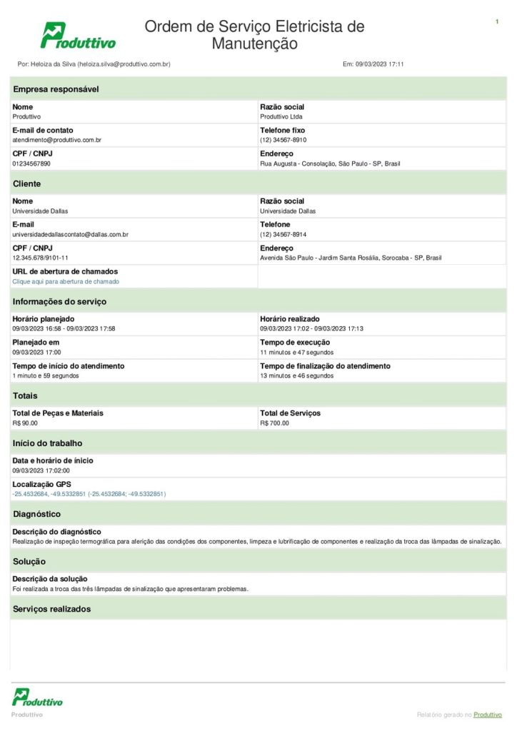 Modelo Ordem de Serviço Manutenção Eletricista gerada no Produttivo página 01