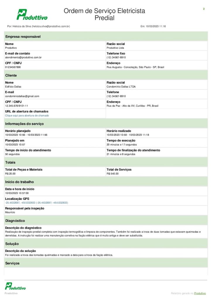 Modelo Ordem de serviço eletricista predial digital gerado em app página 01