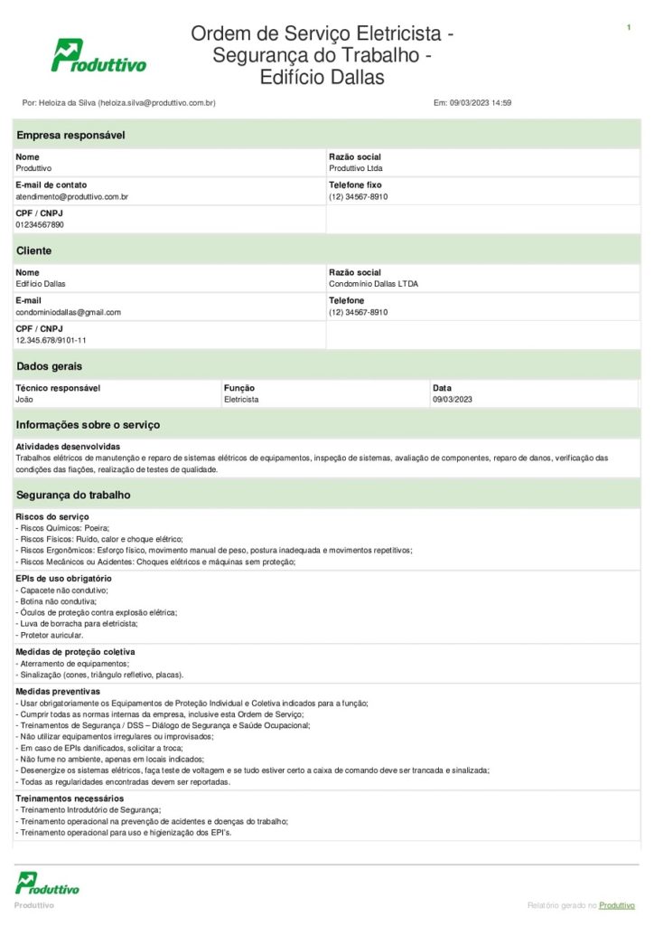 Modelo Ordem de serviço segurança do trabalho eletricista gerado em app página 01
