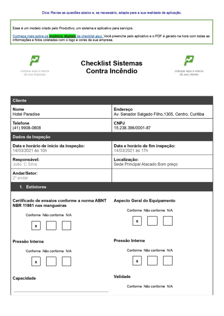 Modelo de check list de manutenção predial sistemas contra incêndio para baixar página 01