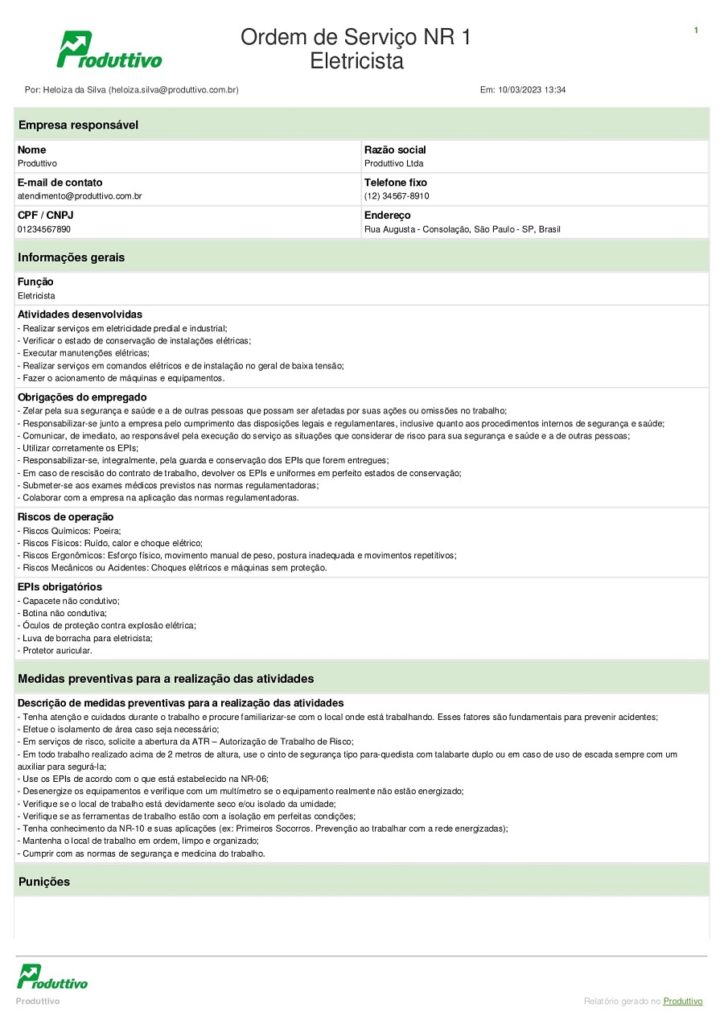 Ordem de serviço nr 1 eletricista gerada em aplicativo página 01
