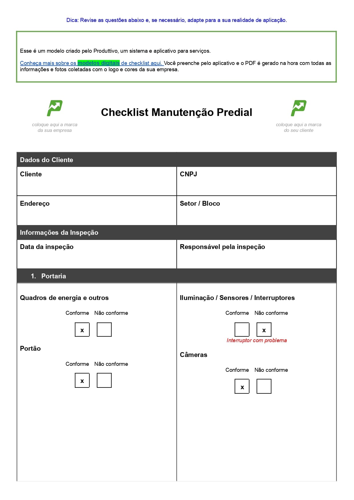 Modelo em Word de checklist de manutenção predial para baixar gratuitamente, página 01