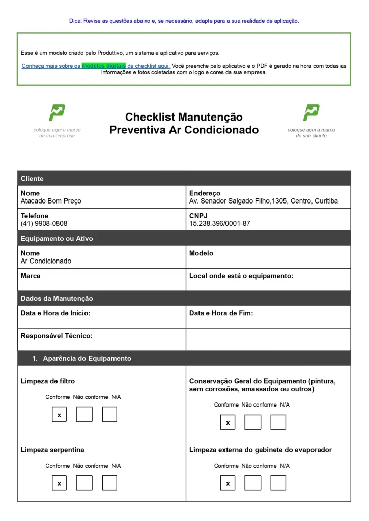Check list Manutenção Preventiva Ar Condicionado para baixar página 01