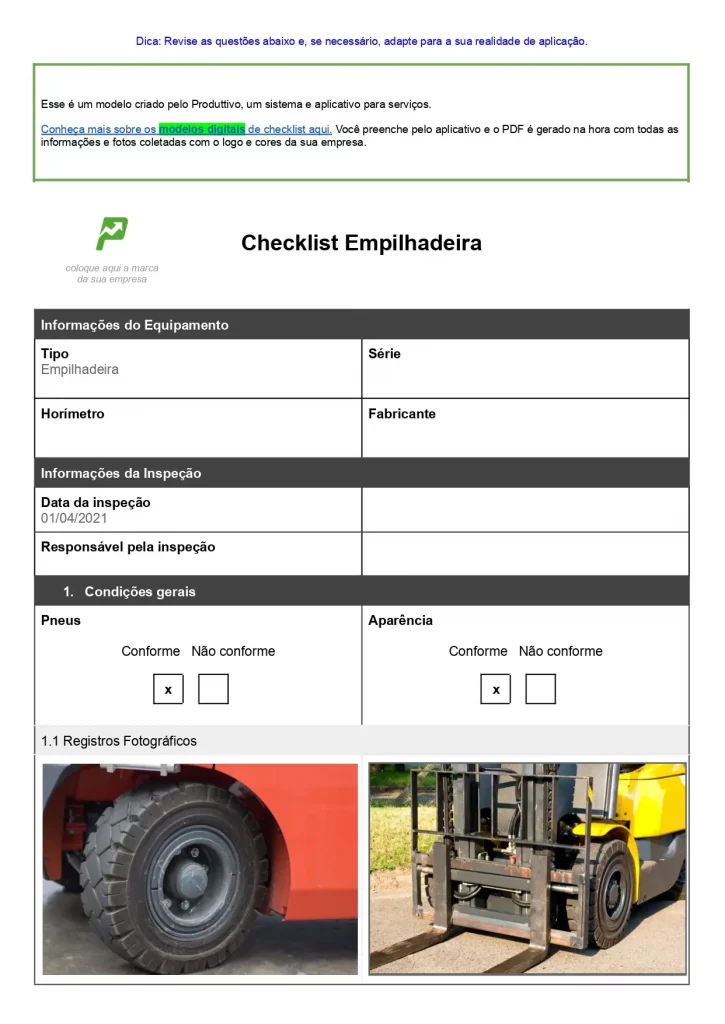 Check list Manutenção Preventiva  Empilhadeira para baixar gratuitamente página 01