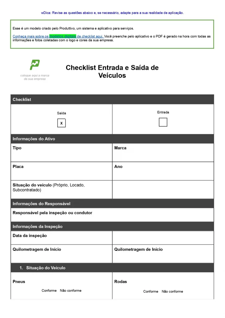 Check list Manutenção Preventiva Veículos para baixar gratuitamente página 01