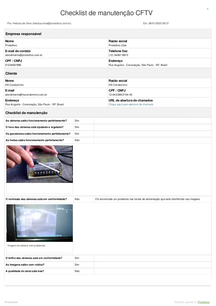 Modelo de Check list manutenção preventiva cftv digital gerada em aplicativo página 01