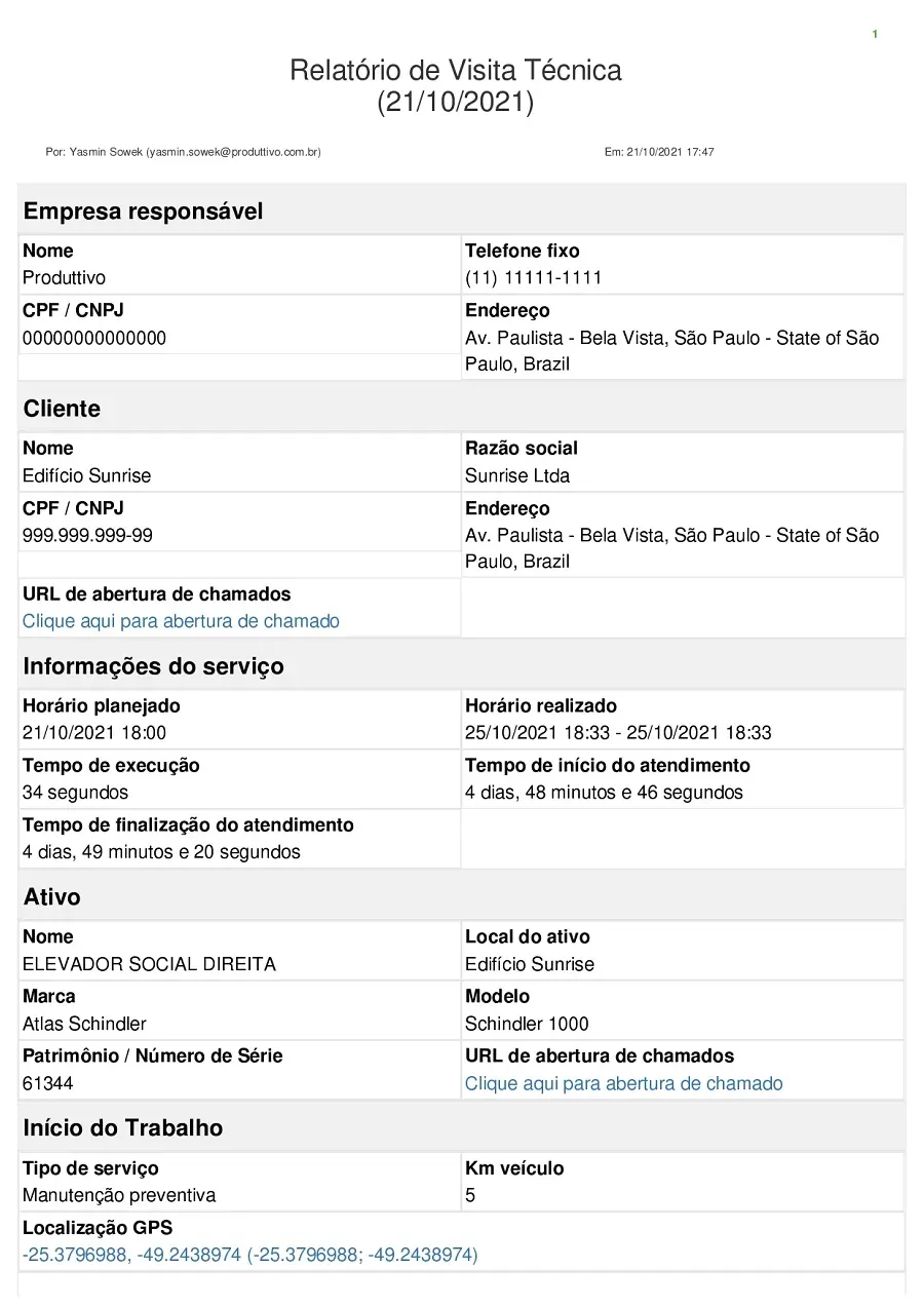 Modelo digital de relatório de visita técnica gerado no Produttivo para usar em manutenções, página 01