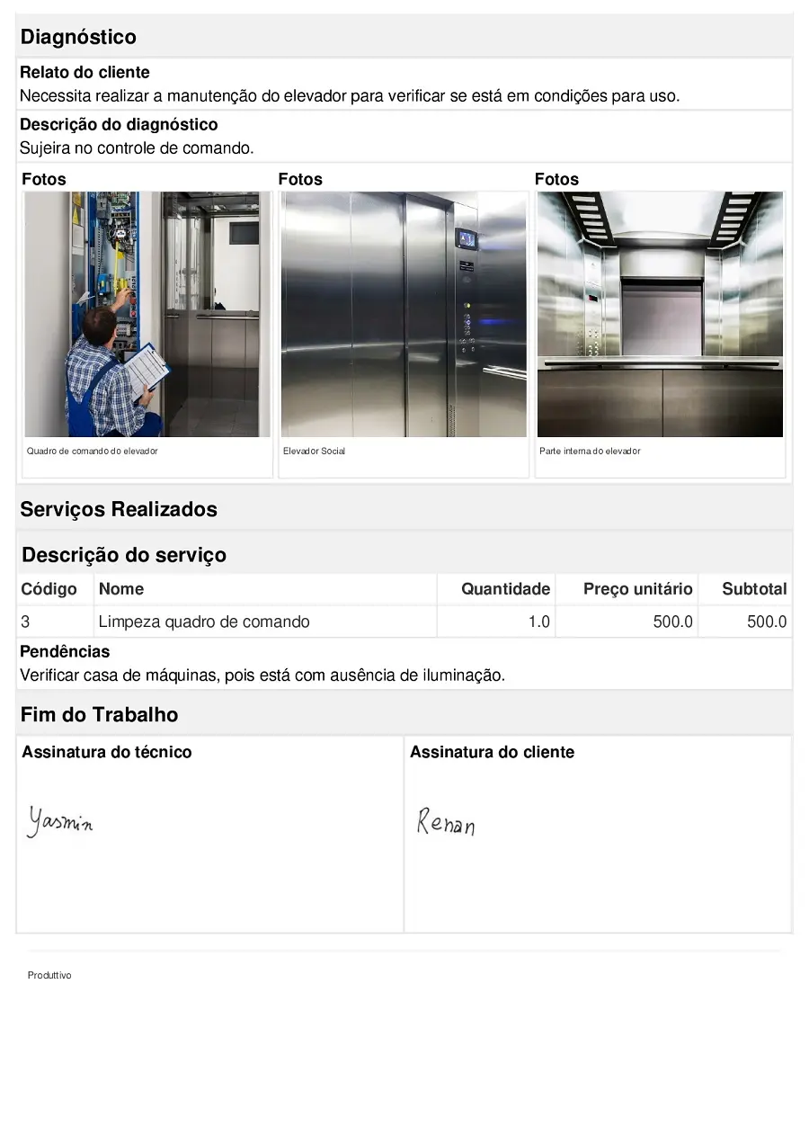 Modelo digital de relatório de visita técnica gerado no Produttivo para usar em manutenções, página 02