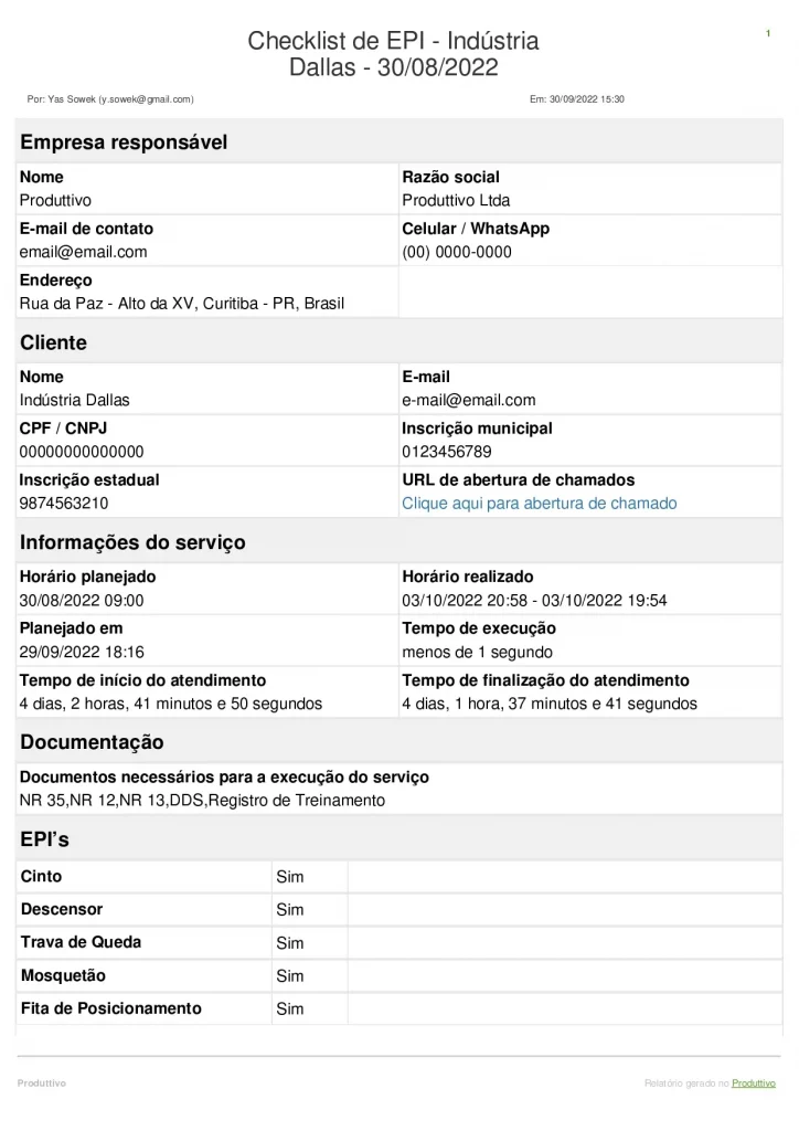 Modelo de checklist de EPI digital gerado dentro do sistema do Produttivo página 01