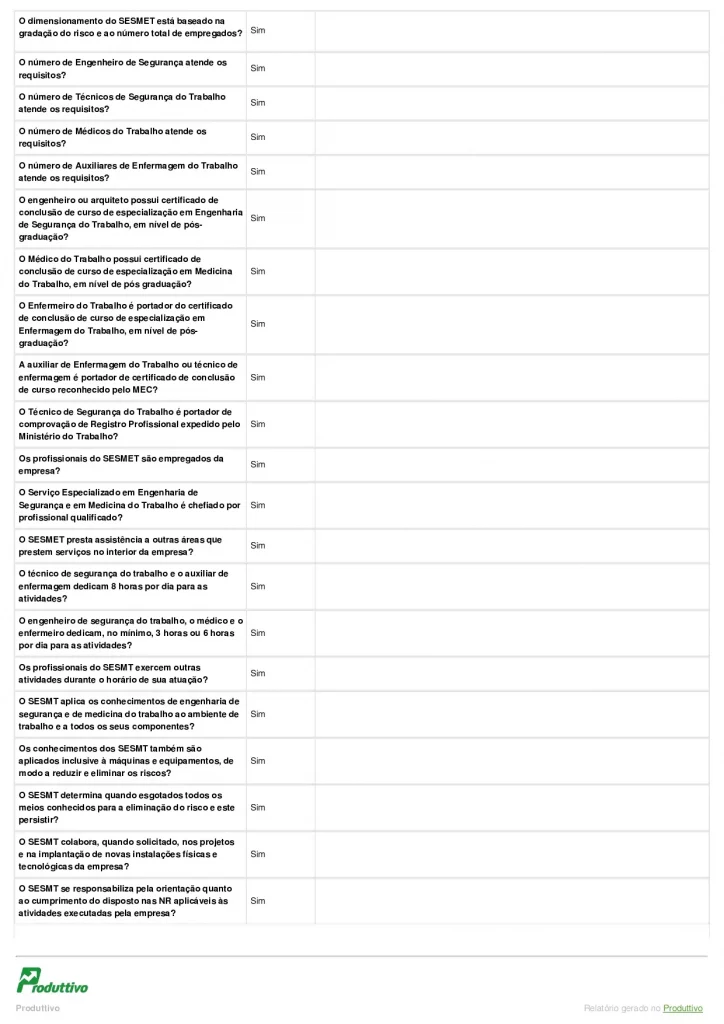 Modelo de Checklist NR 4 SESMT digital para usar em aplicativo página 02