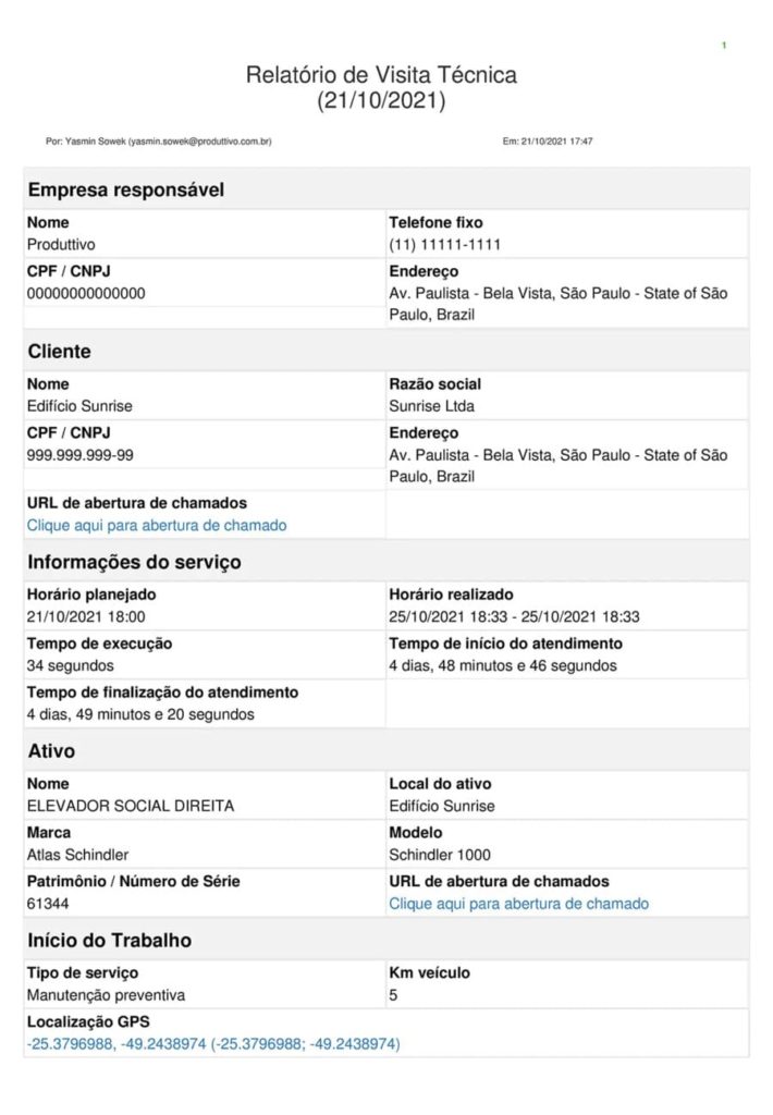 Exemplo de modelo de laudo de visita técnica gerado no aplicativo do Produttivo, página 01