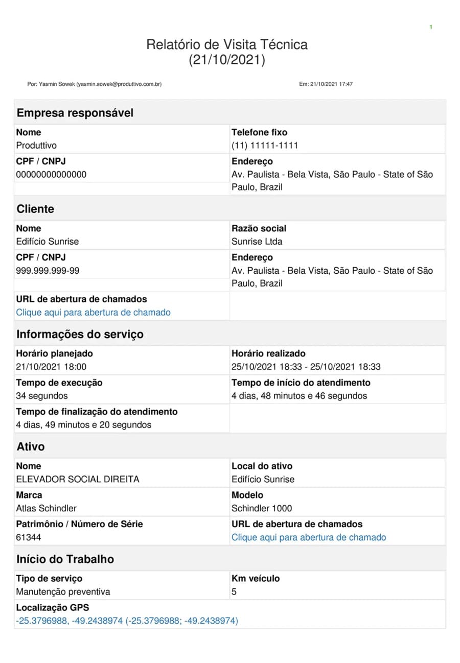 Exemplo de modelo de relatório de visita técnica digital pronto para usar no sistema do Produttivo, página 01