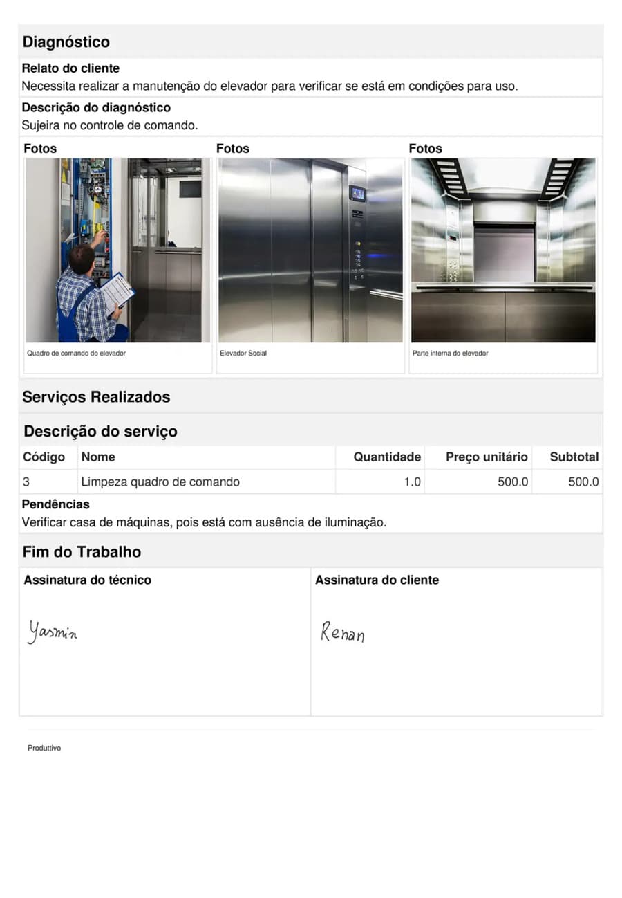 Exemplo de modelo de relatório de visita técnica digital pronto para usar no sistema do Produttivo, página 02