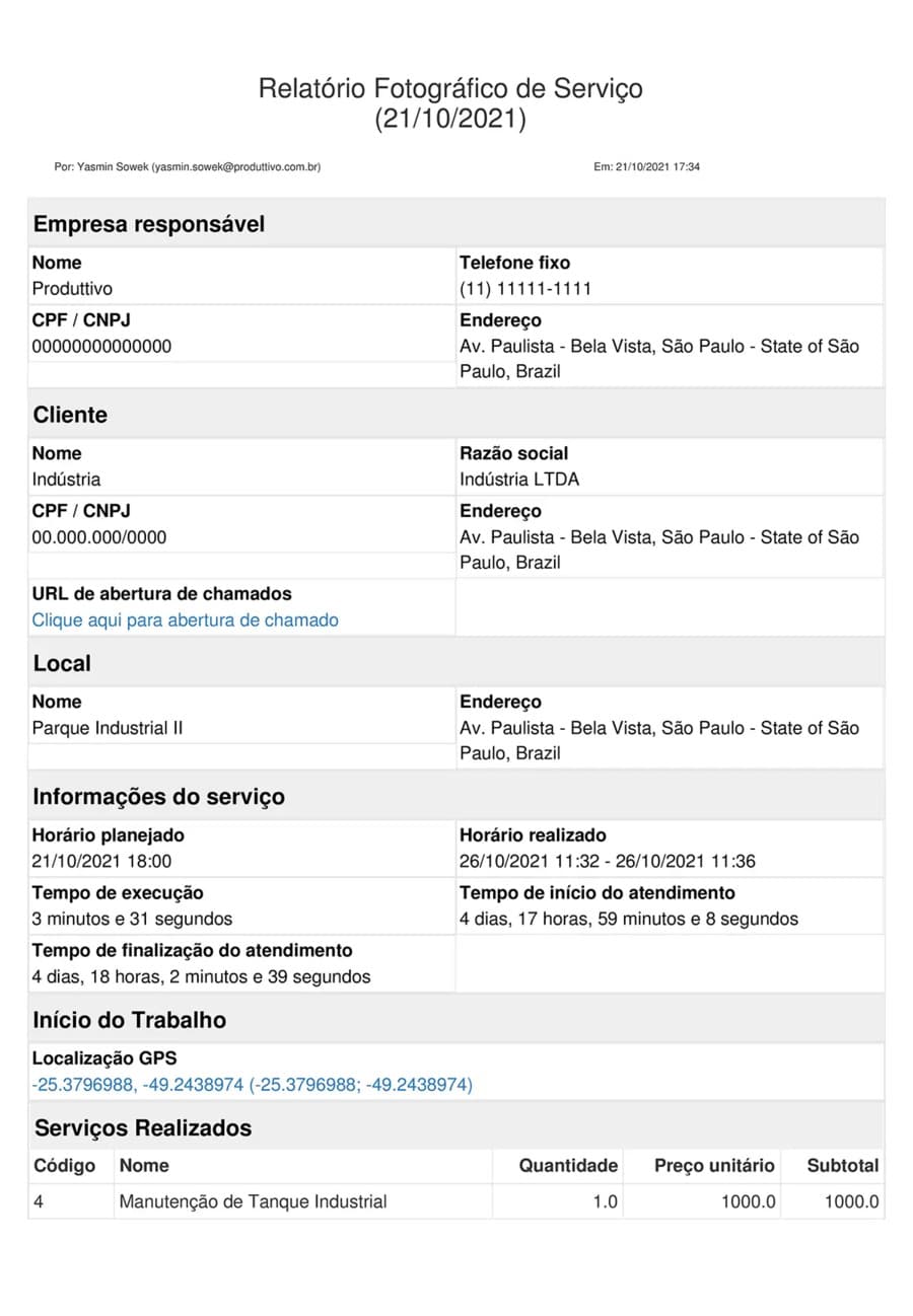 Exemplo de modelo de relatório fotográfico de serviço pronto para usar no sistema do Produttivo, página 01