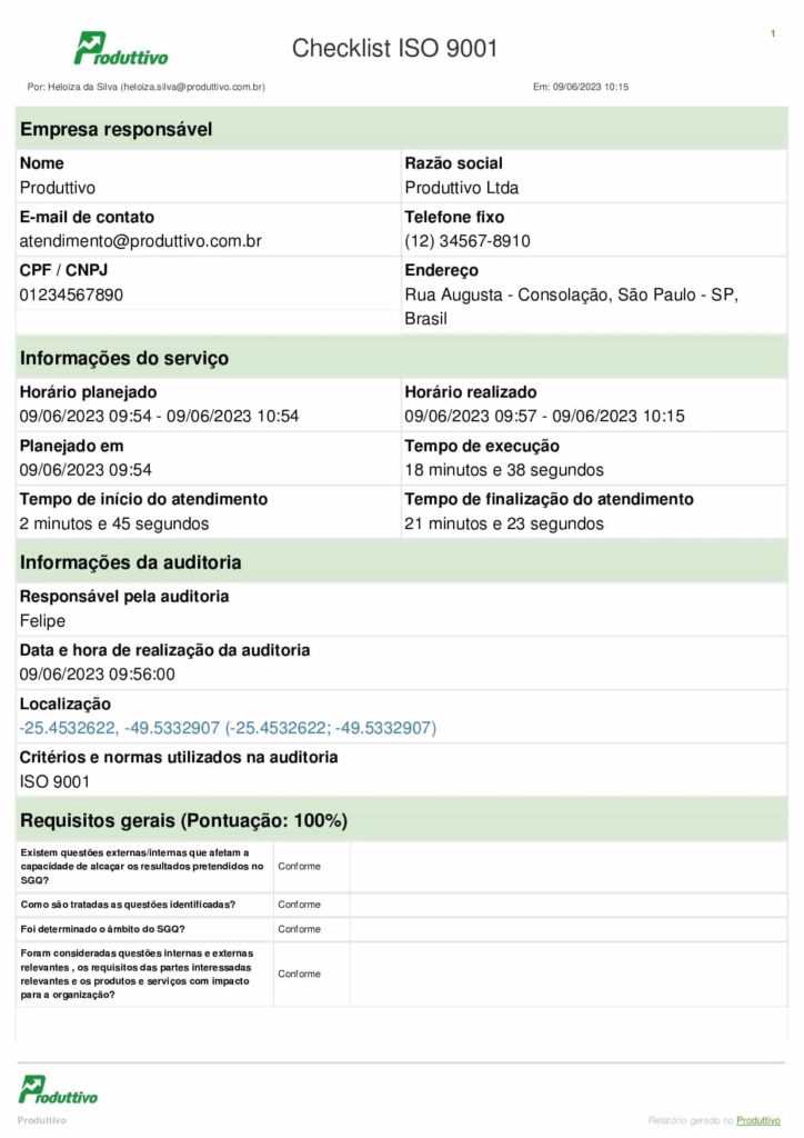 Exemplo de Check list de controle de qualidade digital gerado no Produttivo. Página 01 do modelo.