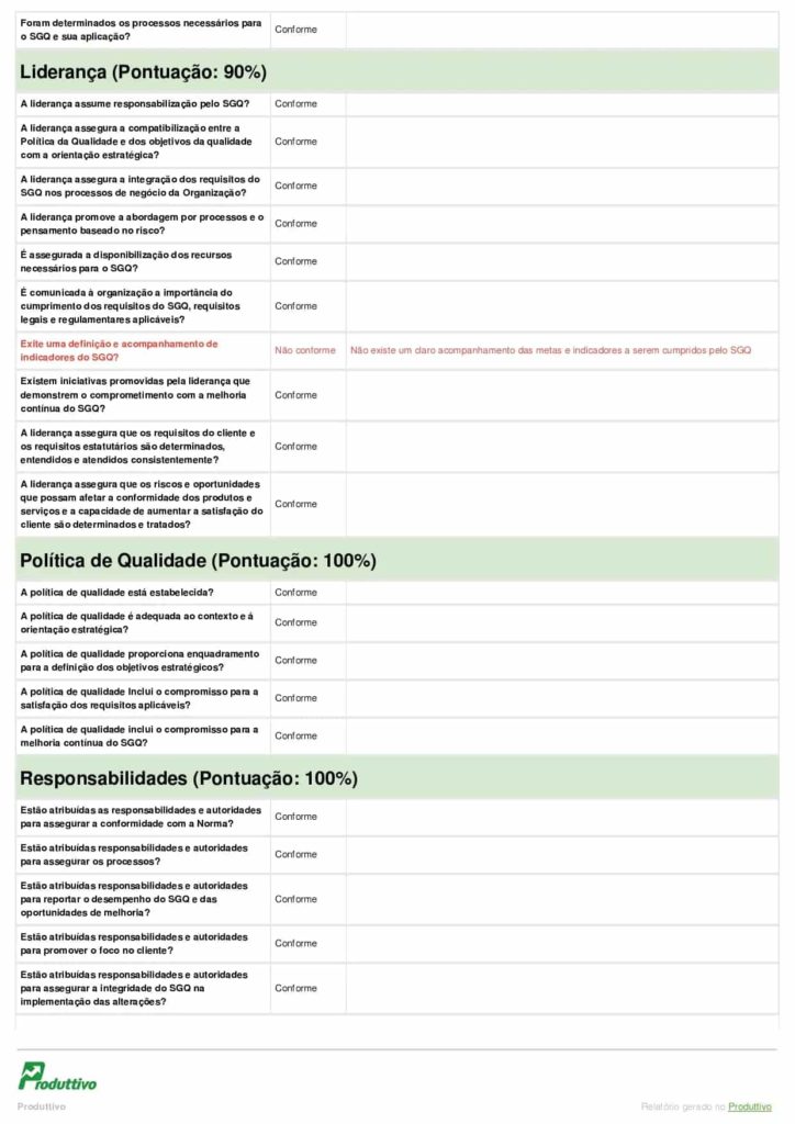 Exemplo de Check list de controle de qualidade digital gerado no Produttivo. Página 02 do modelo.