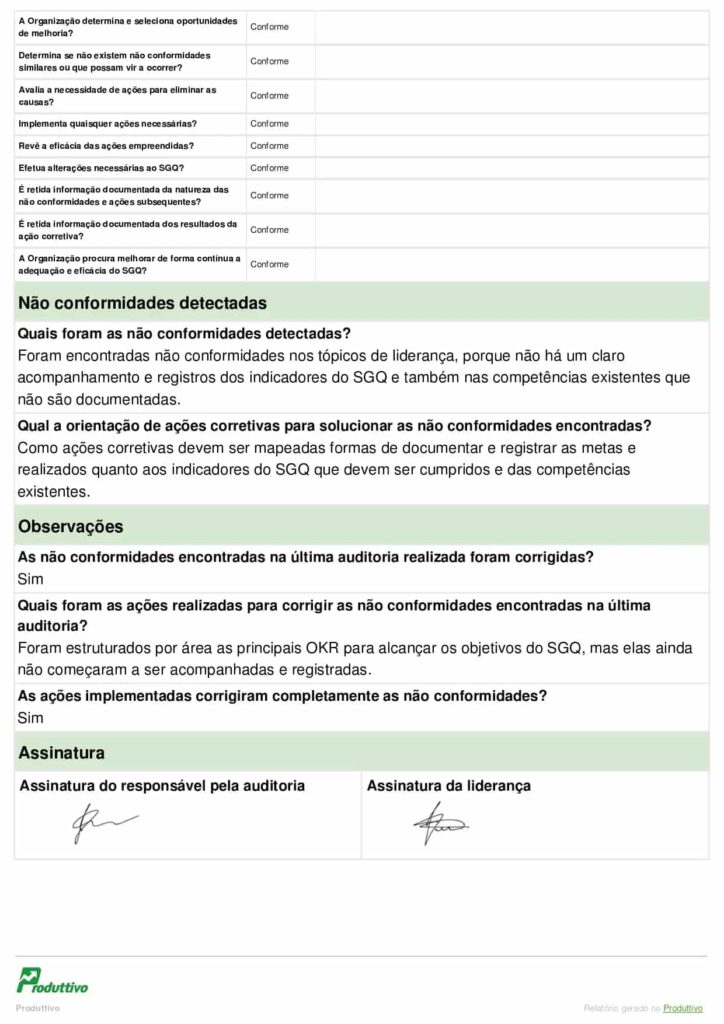Exemplo de Check list de controle de qualidade digital gerado no Produttivo. Página 04 do modelo.