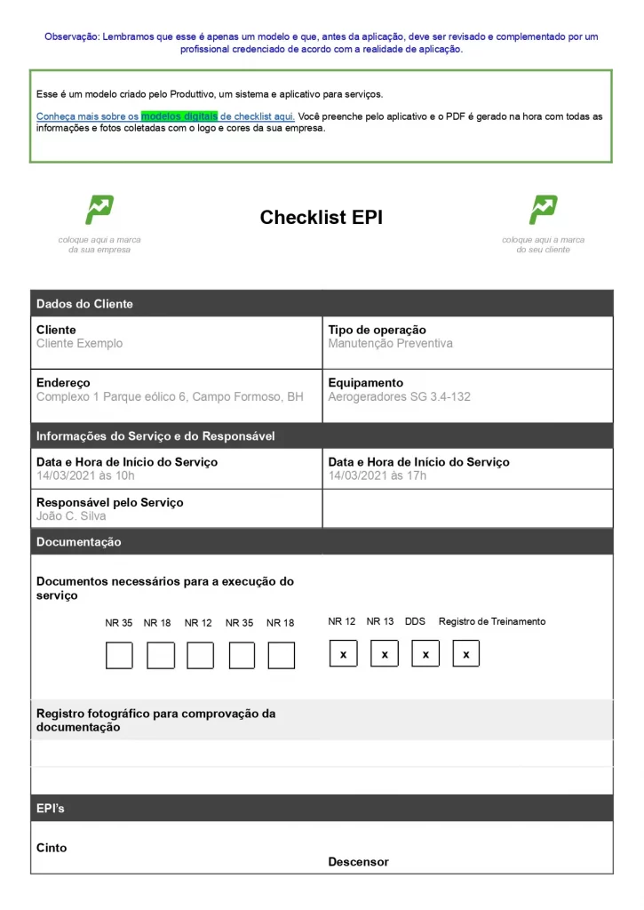 Modelo de Checklist Inspeção de EPI do Kit Checklist e que é possível baixar gratuitamente acessando o link ao clicar na imagem. Página 01 do modelo