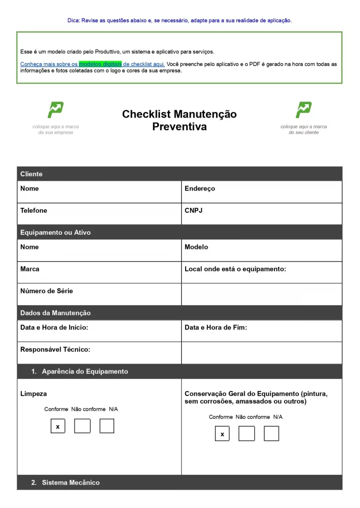 Modelo de Checklist de Manutenção disponível no Kit Checklist para baixar gratuitamente. Página 01 do modelo preenchida como exemplo