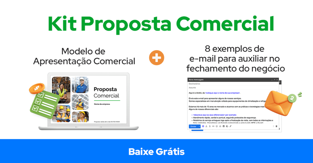 Kit Proposta Comercial para baixar gratuitamente com modelo de apresentação comercial e 8 exemplos de e-mail para auxiliar no fechamento do negócio