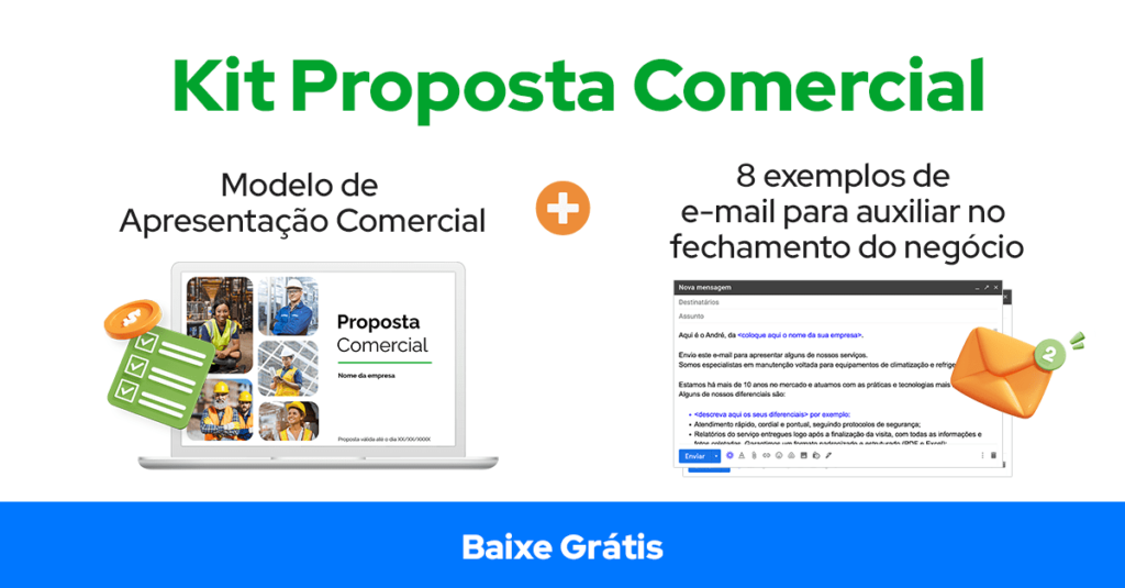 Kit Proposta Comercial para baixar gratuitamente com modelo de apresentação comercial e 8 exemplos de e-mail para auxiliar no fechamento do negócio 