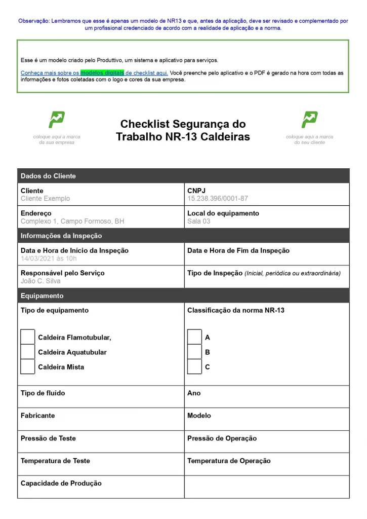 Modelo de Checklist NR 13 para baixar gratuitamente página 01