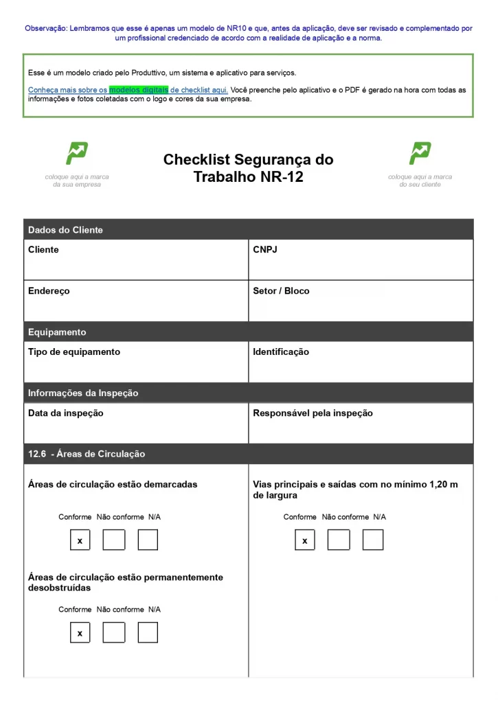 Exemplo de modelo de Checklist de verificação de segurança da NR 12 para baixar gratuitamente ao clicar na imagem, página 01 do modelo