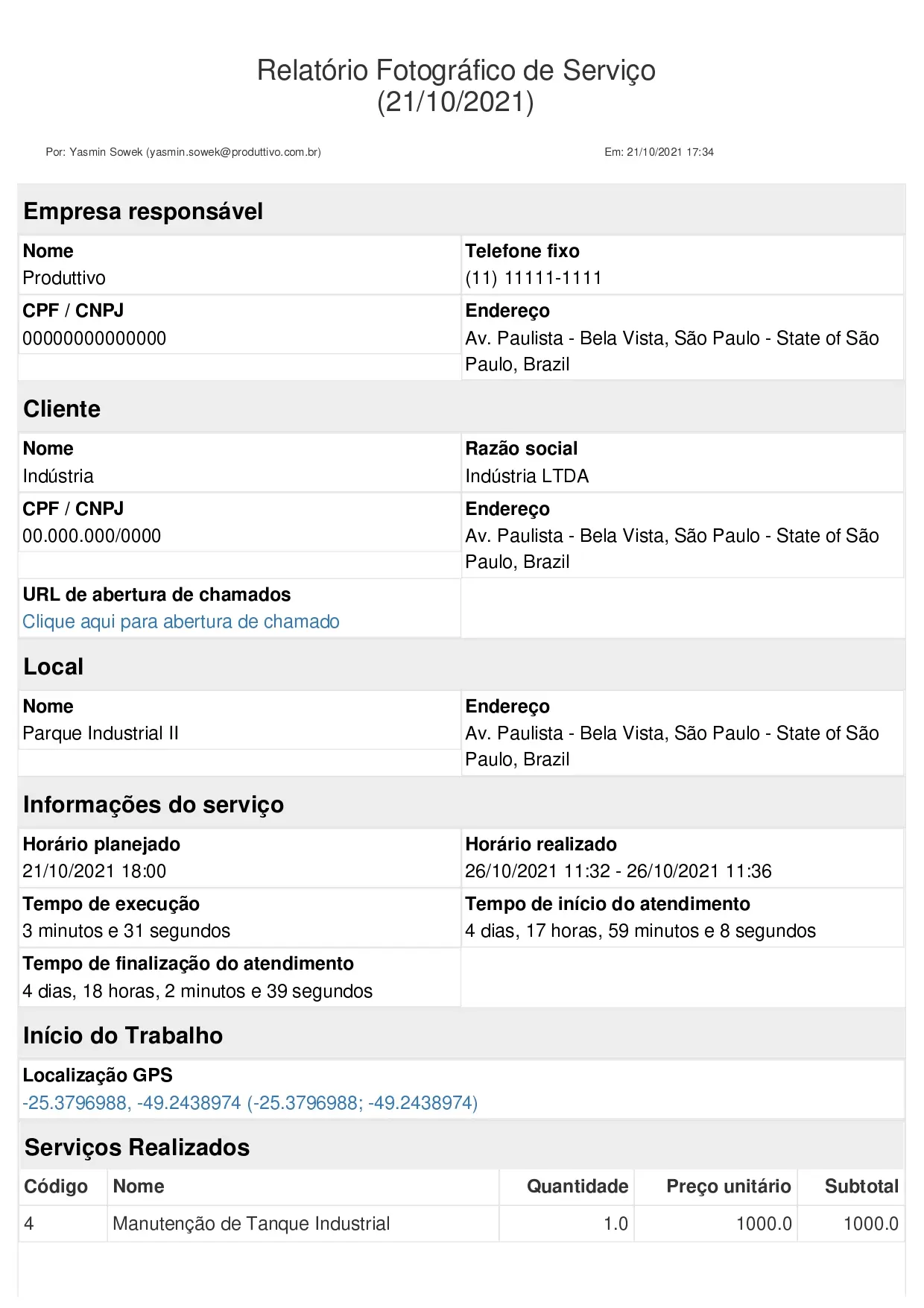 Modelo de Relatório fotográfico para comprovação de de serviço gerado no Produttivo com registros fotográficos e informações preenchidas automaticamente, página 01